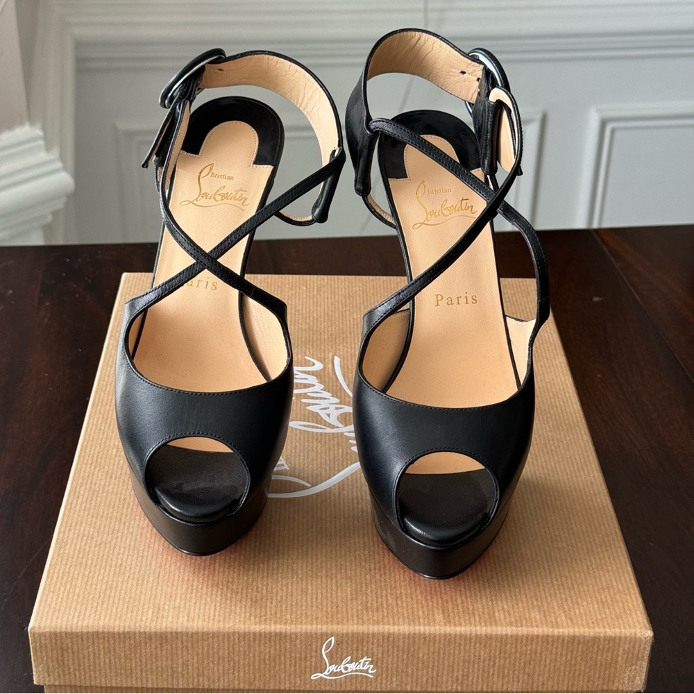 Christian Louboutin Black Leather Platform Peep Toe Ankle Strap Red Sole Pump